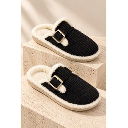شبشب نسائي من Muggo CLAY شتوي مبطن بالفرو مع إبزيم - أسود Muggo CLAY Women's Plush Winter House Slipper with Fur Lining & Buckle - Black