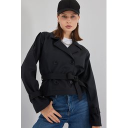 ترنشكوت نسائي قصير بحزام 5970 - أسود Women's Belted Short Trench Coat 5970 - Black