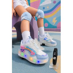 Muggo COLOURFUL حذاء رياضي أطفال بعجلات وإضاءة LED - أزرق بيبي Muggo COLOURFUL Kids' Light-Up Roller Sneaker - Baby Blue