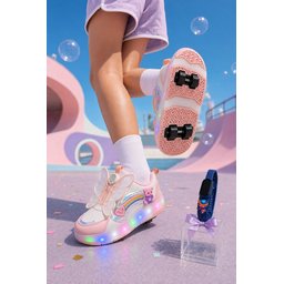 Muggo COLOURFUL حذاء رياضي أطفال بعجلات وإضاءة LED - بودرة Muggo COLOURFUL Kids' Light-Up Roller Sneaker - Powder