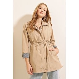 ترنشكوت بيج برباط خصر 10322 10322 Beige Trench Coat with Drawstring Waist