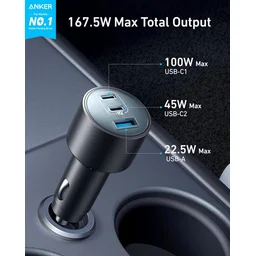 انكر - شاحن سيارة Nano يحتوي 3 منافذ 2C1A بقوة شحن 167.5 واط مع كيبل C to C بطول 1 متر - رمادي Anker Car Charger 3-Ports 167.5W with 3.3ft USB-C Cable Gray