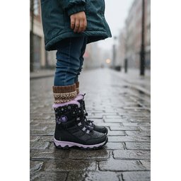 حذاء أطفال بناتي MUGGO TIGGER شتوي مبطن بالفرو برباط وشريط لاصق - أسود MUGGO TIGGER Girls' Fur-Lined Lace-Up & Velcro Winter Boots - Black