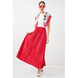 تنورة بليسيه 8009 بمظهر جلدي - أحمر 8009 Pleated Skirt with Leather Look - Red