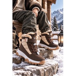 حذاء ثلج أطفال Muggo TUNDY للجنسين مبطن بالفرو مع فيلكرو ورباط - بني Muggo TUNDY Unisex Kids' Fur-Lined Snow Boot with Hook-and-Loop and Laces - Brown