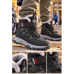 حذاء ثلج للأطفال Muggo TUNDY للجنسين مبطن بالفرو مع فيلكرو وأربطة - أسود Muggo TUNDY Unisex Kids' Fur-Lined Snow Boot with Hook-and-Loop and Laces - Black