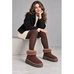 حذاء شتوي نسائي Muggo NELİS مبطن بالفرو - بني Muggo NELİS Women's Winter Ankle Boots - Brown