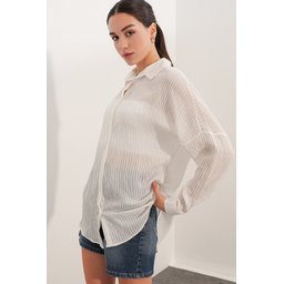قميص نسائي مخطط واسع 20409 - أبيض Women's Striped Oversize Shirt 20409 - White