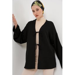 كيمونو حجاب كتان 5968 - أسود Linen Modest Kimono 5968 - Black