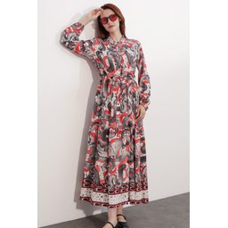 فستان نسائي طويل محتشم بنقشة 2586 - نار Women's Patterned Long Modest Dress 2586 - Nar