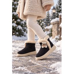 بوت Muggo TOFFE شتوي بناتي مبطن بالفرو مع فيونكة - أسود Muggo TOFFE Girls' Winter Boots - Fur Lined with Bow Detail - Black