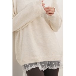 كنزة نسائية تريكو فضفاضة بتفاصيل تول 15968 - كريم Women's Oversize Knit Sweater with Tulle Detail 15968 - Cream