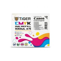 مجموعة أحبار كانون الاحترافية من ماركة تايجر العالمية (CMYK) سعة 100 مل × 4 - أداء فائق ومطابق لسلسلة طابعات كانون GI-490 Tiger CMYK Ink Refill 100ml x 4 Set - Premium High-Yield Compatible with Canon GI-490 Printers