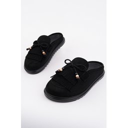 Muggo FRİNGE حذاء لوفر نسائي مريح من الجلد السويدي بتفاصيل فيونكة وشرابة - أسود Muggo FRİNGE Women's Suede Leather Bow Detail Tassel Loafer Slippers - Black