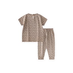 طقم بيجامة أطفال بناتي منقوش بيج - 2-9 سنوات Kids' Patterned Pajama Set for Girls - Beige - Ages 2-9