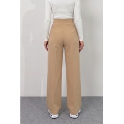 بنطلون بالازو نسائي MTLCB110 بخصر عالٍ بيج بجيوب وإغلاق لاصق Women's High-Waist Beige Palazzo Trousers MTLCB110 with Pockets and Hook-and-Loop Closure