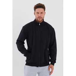 جاكيت رجالي أسود بياقة قائمة وسحاب وجيوب جانبية مبطن بالقطن Men's Black Cotton-Lined Stand-Up Collar Zippered Cardigan with Side Pockets