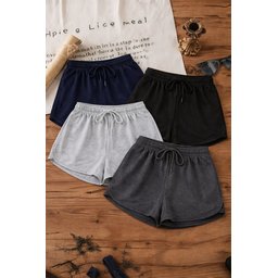 شورت نسائي يومي قصير بقصة عادية من قماش البينيه، 4 قطع، أسود-كحلي-رمادي-فحمي Women's 4-Pack Slit Jersey Fabric Regular Fit Black-Navy-Grey-Anthracite Short Mini Daily Shorts