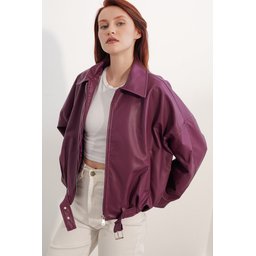 جاكيت نسائي جلد بحزام 1056 - لون بنفسجي داكن Women's Belt Detail Leather Jacket 1056 - Plum