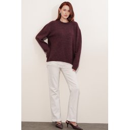 كنزة نسائية تريكو فضفاضة بتفاصيل تول 15968 - خمري Women's Oversize Knitted Sweater with Tulle Detail 15968 - Burgundy