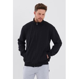 جاكيت رجالي أسود بياقة قائمة وسحاب وجيوب جانبية مبطن بالقطن Men's Black Cotton-Lined Stand-Up Collar Zippered Cardigan with Side Pockets