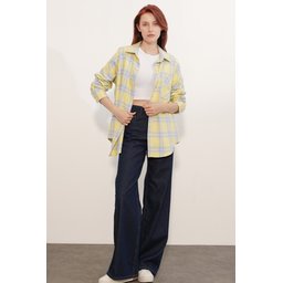 قميص 3854 نسائي فضفاض منقوش بجيب واحد - نعناعي 3854 Women's Plaid Oversize Single Pocket Shirt - Mint