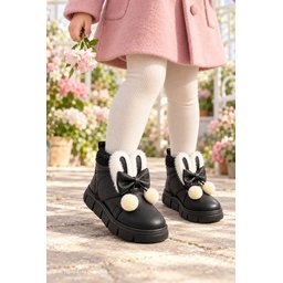 Muggo PIPA حذاء شتوي بناتي فرو داخلي بفيونكة وأذني أرنب - أسود Muggo PIPA Girls' Winter Boots with Rabbit Ears, Bow, Faux Fur Lining - Black