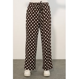 بنطلون نسائي واسع الساق منقط 30116 - بني Women's Wide Leg Polka Dot Trousers 30116 - Brown