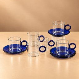 طقم فناجين قهوة زجاجية مع صحون – أزرق ملكي Royal Blue Glass Coffee Cups with Saucers Set