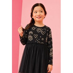 فستان بناتي أسود بتصميم منقوش مع طبقة تول (1-6 سنوات) Girls' Patterned Tulle Dress 1-6 Years - Black