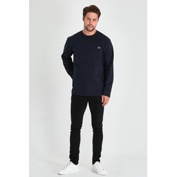 سويت شيرت رجالي كحلي بقصة مريحة وياقة دائرية مزدوجة وتفاصيل طباعة Men's Navy Double Crew Neck Standard Relaxed Fit Sweatshirt with Print Detail