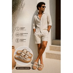 Muggo AUGUSTA شبشب رجالي يومي قابل للتعديل بإبزيم مزدوج - بيج Muggo AUGUSTA Men's Adjustable Double Buckle Casual Slippers - Beige