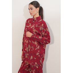 طقم نسائي قطعتين بنقشة قميص وبنطلون واسع - 30098 - خمري Women's Patterned Oversize Shirt & Pants Two-Piece Set - 30098 - Burgundy