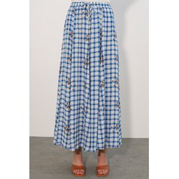 تنورة نسائية طويلة بنقشة مربعات 8065 - أزرق Women's Long Plaid Skirt 8065 - Blue