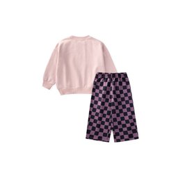 طقم سويتشيرت بناتي منقوش - وردي فاتح (2-8 سنوات) Girls' Patterned Sweatshirt Set - Powder Pink (2-8 Years)