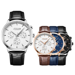 ساعة رجالية من جوليوس الكورية دائرية  ذهبية سير جلد ازرق مع مينا زرقاء JULIUS Watch for Men - Analog Display, Leather Band