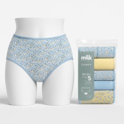 باكيت 5 قطع لباس داخلي نسائي خصر ميدي بطانة خاولي قطن طبيعي 100% MIDI COMFY 09 PACK/5