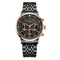 ساعة رجالية من جوليوس الكورية دائرية ذهبي سير ستين ستيل اسود مع مينا سوداء JULIUS Watch for Men - Analog Display, Stainless Steel Band - Black