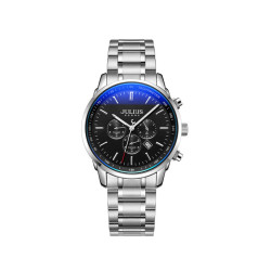 ساعة رجالية من جوليوس الكورية دائرية  سيلفر سير ستين ستيل سيلفر مع مينا سوداء JULIUS Watch for Men - Analog Display, Stainless steel Band - silver