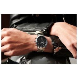 ساعة رجالية من جوليوس الكورية دائرية  سيلفر سير ستين ستيل سيلفر مع مينا سوداء JULIUS Watch for Men - Analog Display, Stainless steel Band - silver