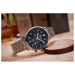ساعة رجالية من جوليوس الكورية دائرية  سيلفر سير ستين ستيل سيلفر مع مينا سوداء JULIUS Watch for Men - Analog Display, Stainless steel Band - silver
