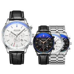 ساعة رجالية من جوليوس الكورية دائرية  سيلفر سير ستين ستيل سيلفر مع مينا سوداء JULIUS Watch for Men - Analog Display, Stainless steel Band - silver