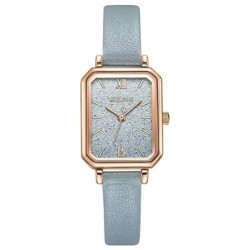 ساعة نسائية من جوليوس الكورية مستطيلة ذهبية وسير جلد ازرق ومينا ازرق JULIUS Watch for Women JA-1387 - Analog, Leather - Light Blue