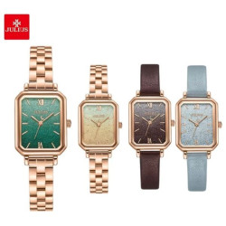 ساعة نسائية من جوليوس الكورية مستطيلة ذهبية وسير جلد ازرق ومينا ازرق JULIUS Watch for Women JA-1387 - Analog, Leather - Light Blue