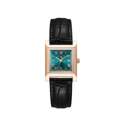 ساعة نسائية من جوليوس الكورية جاي اي1369 دي  مربعه ذهبيه بسوار اسود ومينا فيروزي JULIUS Watch JA-1369D for Women - Analog, Leather - Black