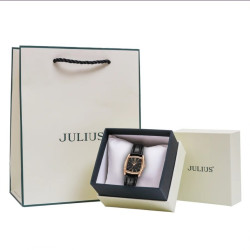 ساعة نسائية من جوليوس الكورية جاي اي1369 دي  مربعه ذهبيه بسوار اسود ومينا فيروزي JULIUS Watch JA-1369D for Women - Analog, Leather - Black