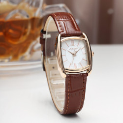 ساعة نسائية من جوليوس الكورية  جاي اي 1364 بي مستطيله ذهبيه سير جلد احمر ومينا بيضاء JULIUS Watch for Women JA-1364 - Analog, Leather - Red