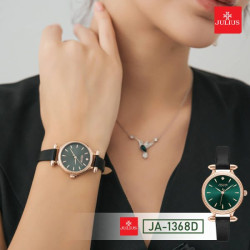 ساعة نسائية من جوليوس الكورية جاي اي 1368 دي  ساعة ذهبية سير جلد اسود ومينا سوداء JULIUS Watch for Women JA-1368 - Analog, Leather - Black