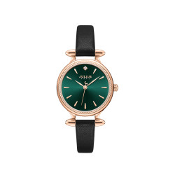 ساعة نسائية من جوليوس الكورية جاي اي 1368 دي  ساعة ذهبية سير جلد اسود ومينا سوداء JULIUS Watch for Women JA-1368 - Analog, Leather - Black