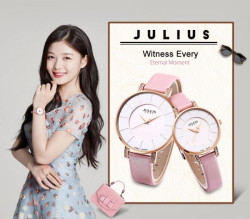 ساعة نسائية من جوليوس الكورية جاي اي 766  دائريه ذهبي زهري سير وردي ومينا وردية JULIUS Watch JA-766 for Women - Analog, Leather - Pink